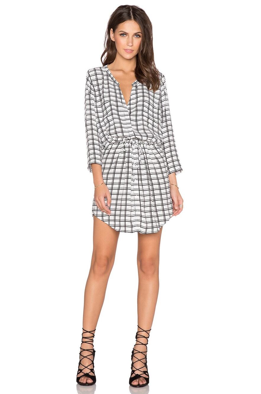 Soft Joie Size Large Dayle Shirt Dress White Plaid Mini Drawstring Elbow Sleeves